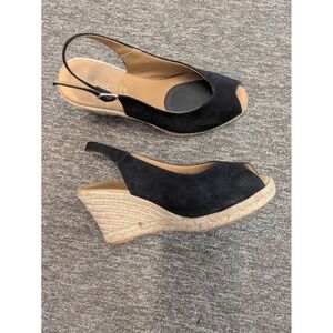 Paseart Black Suede Peep Toe Slingback Espadrille Wedge Sandals Made in Spain 38